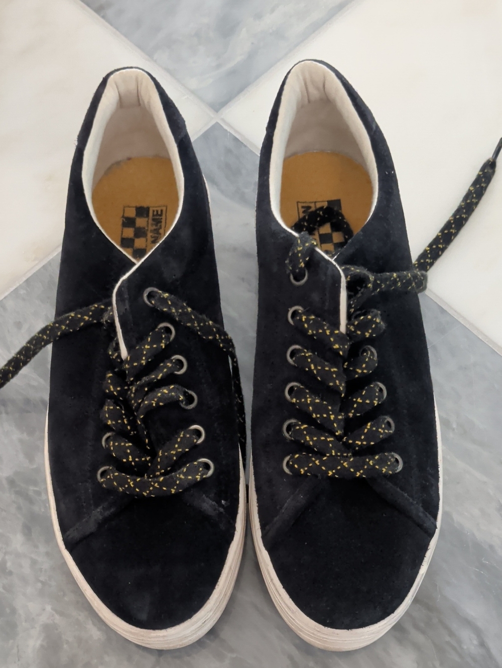 Black Suede Women's Lace-Up Sneakers with Gold-Detail Laces